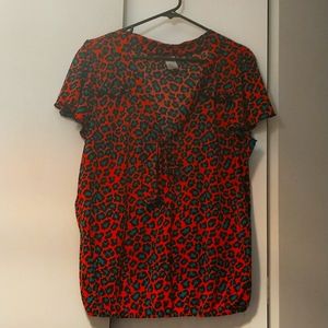 Orange, teal leopard print top with ruffle, pussy bow detail,  gathered hem, 2x